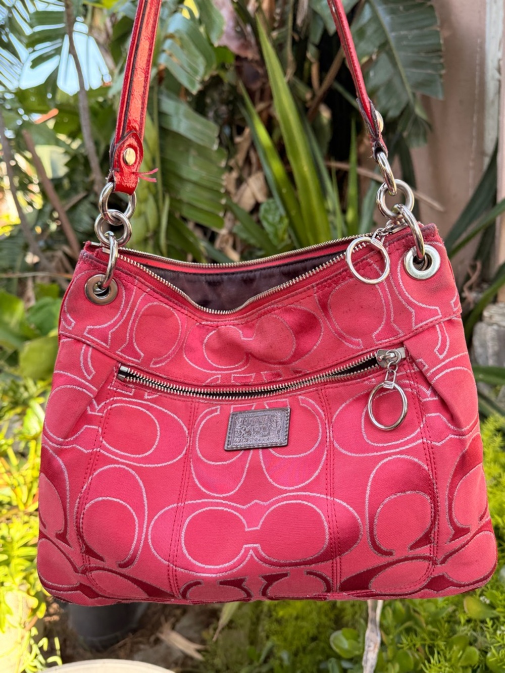 Coach Red Signature Canvas Shoulder Bag with Silver Hardware